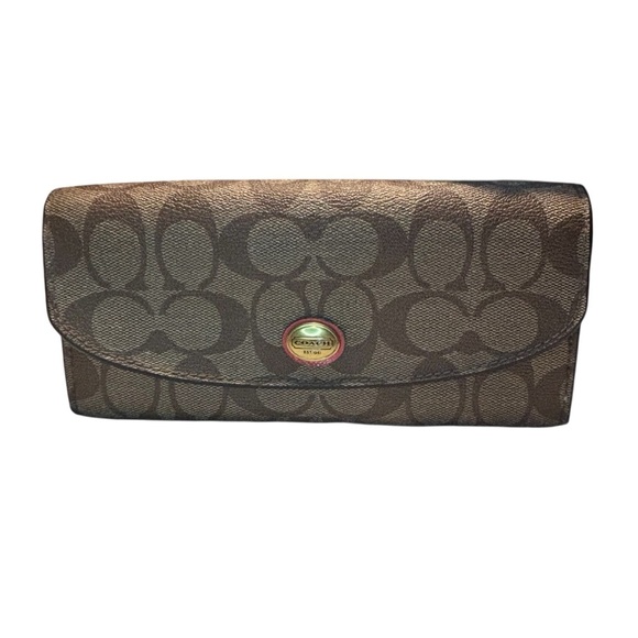 Coach Handbags - COACH Peyton Signature Slim Envelope Wallet Khaki Tan Coral Pink Canvas Leather